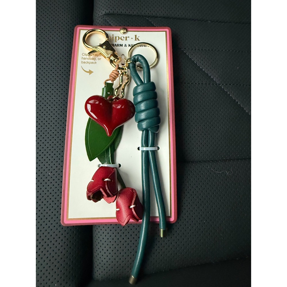 Piper K Heart and Tulip Leather Bag Charm Keychain Red Green Teal‎ Gold Tone